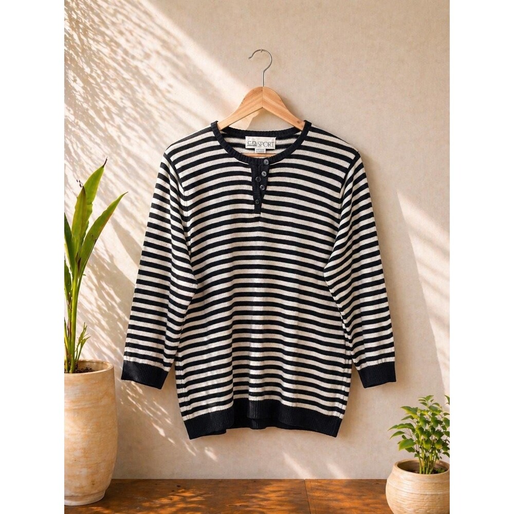 Vintage 90s Nautical Striped Sweater Henley Knit Preppy Coastal Classic XL